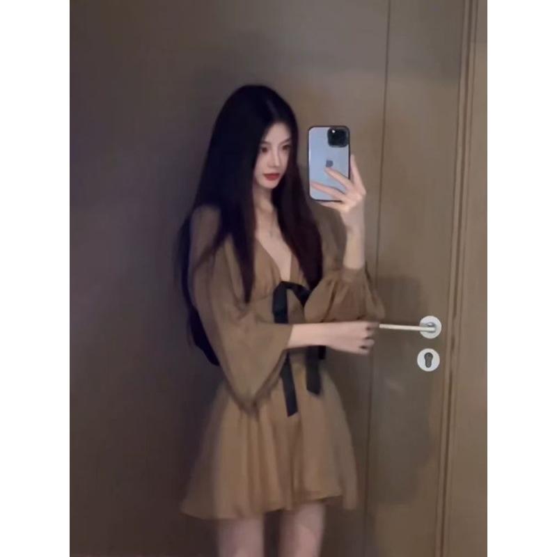 Celebrity Bow V-neck Long-sleeved Chiffon Dress for Women's Autumn and Winter Waist and Thin Temperament A-word Short Skirt