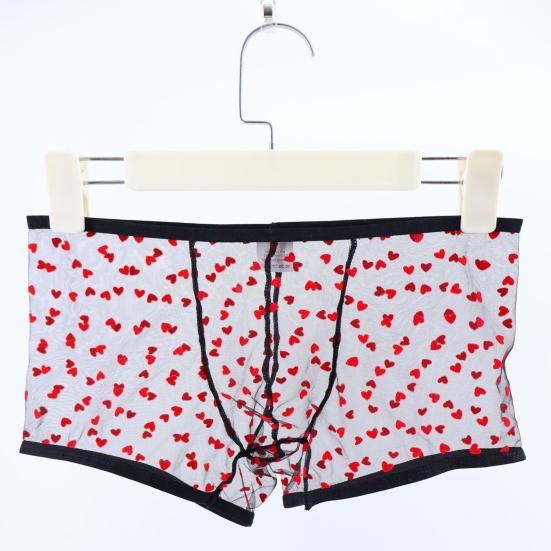 Men Boxer Underwear Elastic Mid-rise Perspective Hollow Mesh Design Boxer Briefs Heart Pattern Underwear Anniversary Gift