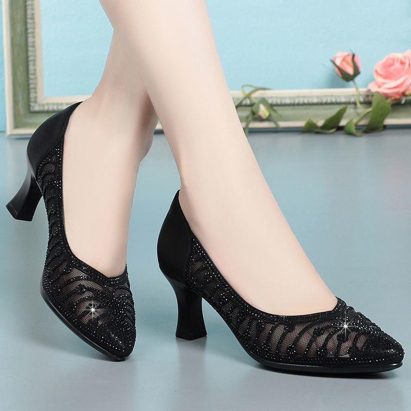 Breathable High Heels Women's Summer Bag Head Mesh Rhinestone Pointed Toe Openwork Women's Sandals
