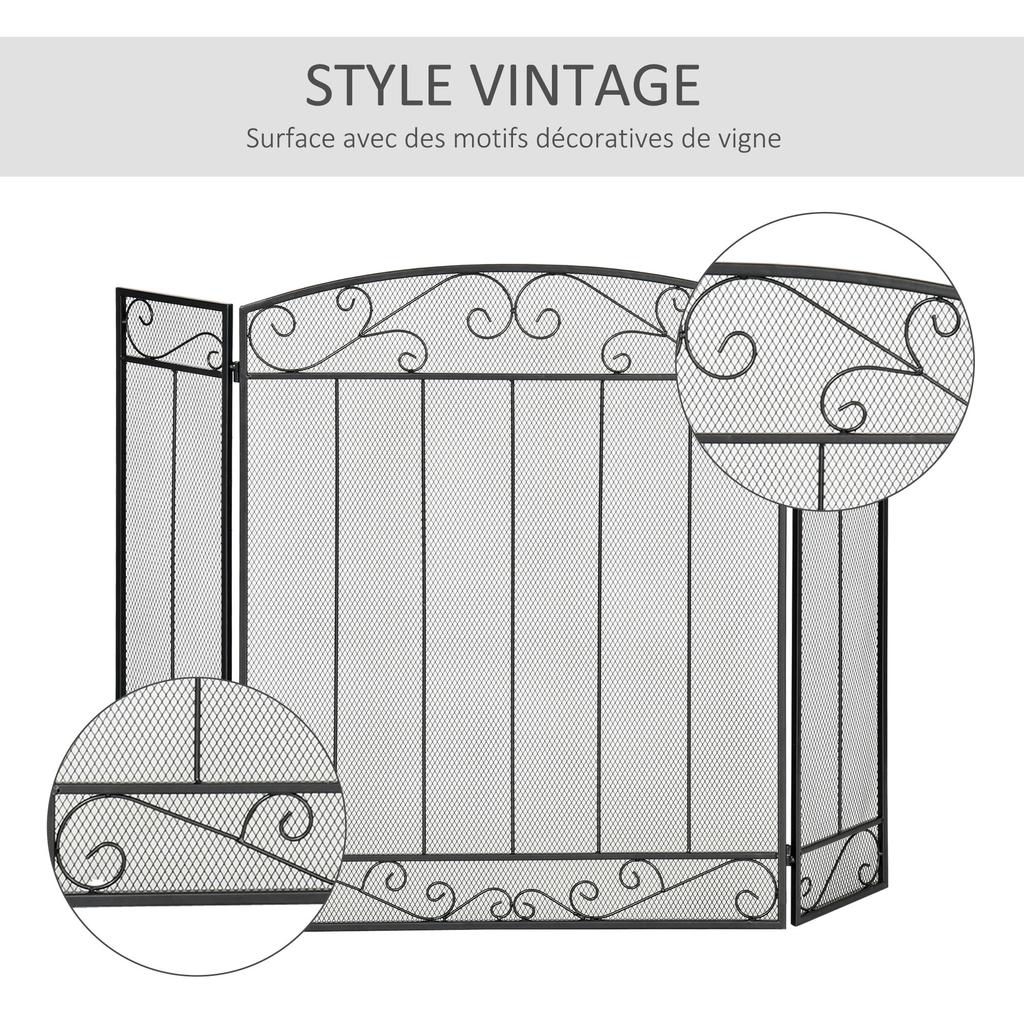 Fireplace Protection Screen - Wide Fire Guard for Fireplace or Stove - Spark Guard - Safety Barrier - 3 Folding Panels - Black Steel Metal