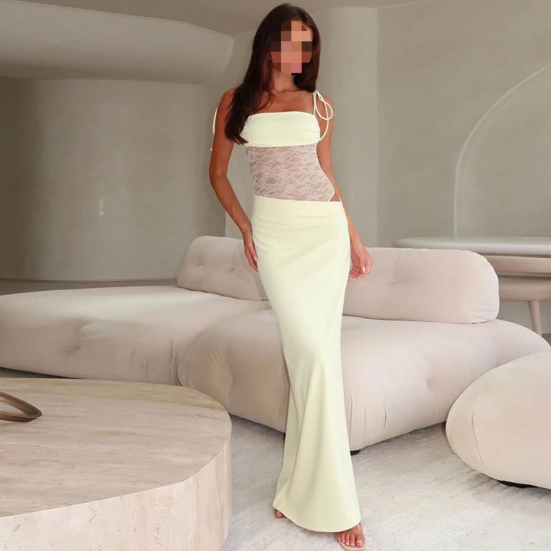 European and American Spring Women's Sexy Lace Splicing Hollow Perspective Strap Dress