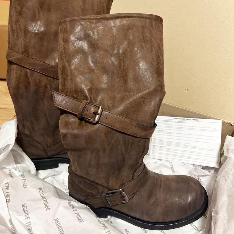 [Zhang Yuanying] Belt buckle stack boots thick heel retro mid-wind boots boots niche tooling boots