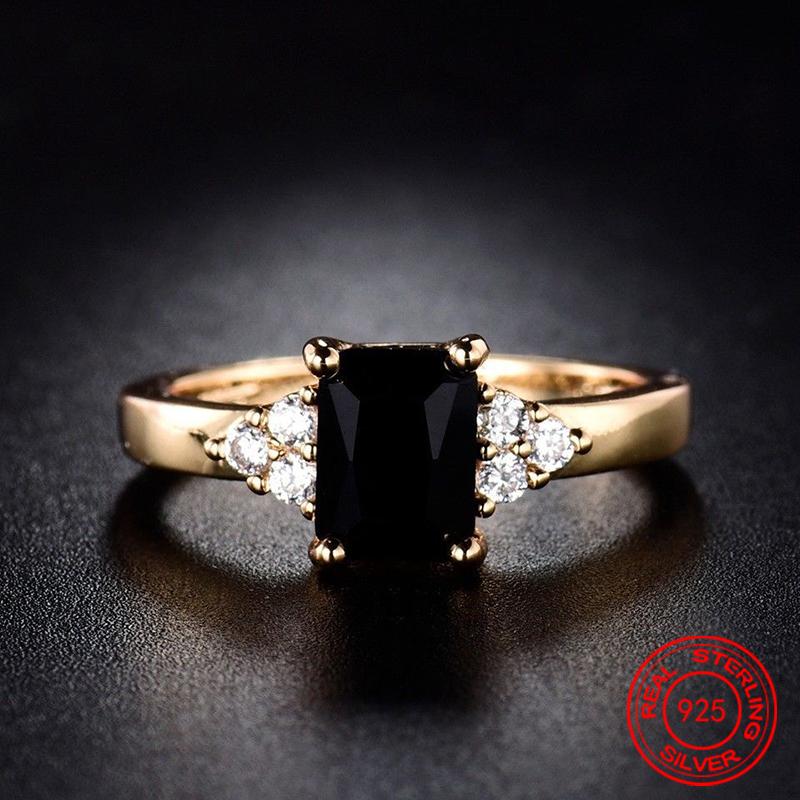 925 Sterling Silver 18K Gold Black Zircon Ring for Women Fashion Jewelry 6 чёрный