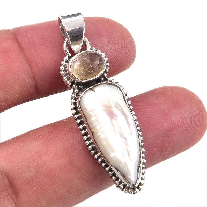 

Natural Biwa Pearl,Citrine Gemstone 925 Solid Sterling Silver Pendant 1.75 C7z65