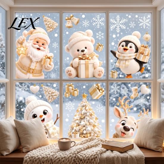 Easy Apply Window Clings 6Pcs Christmas Clings, Xmas Reusable Double Sided Snowman Decals Snowflake for Decorations Home Decor Office Party