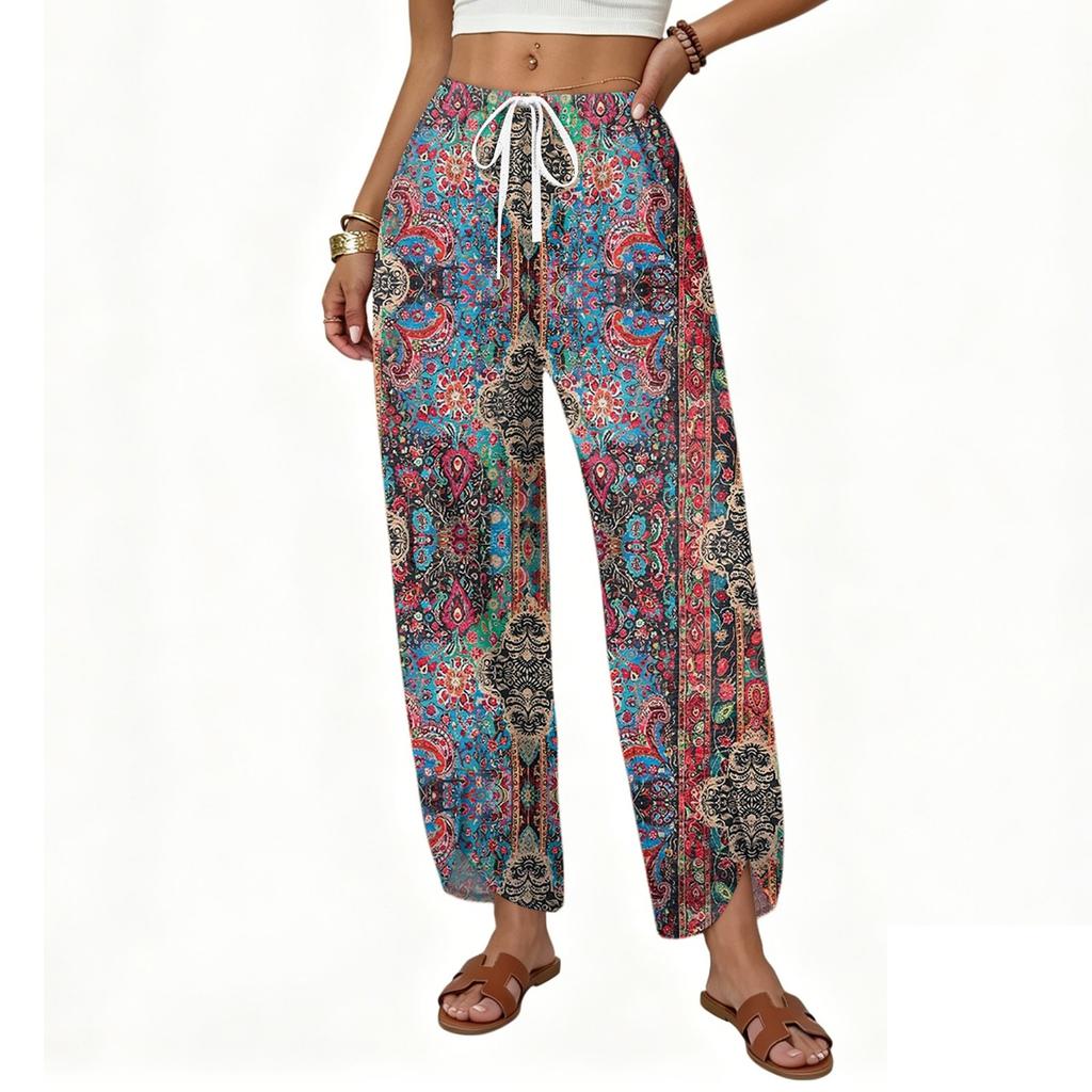Women's Casual Straight Wide Leg Button Print Pattern Pants for Everyday Wear