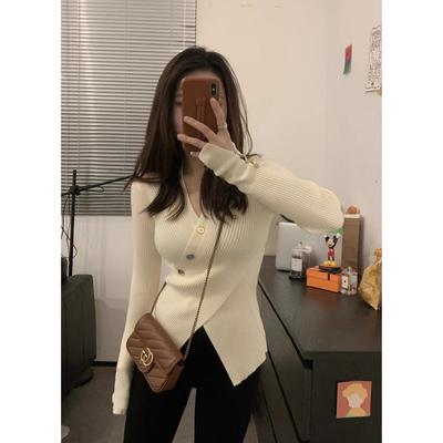 Low-neck Irregular Tight-fitting Knitted Bottoming Shirt for Women's Autumn and Winter Thin Red Sweater for Women's V-neck Top