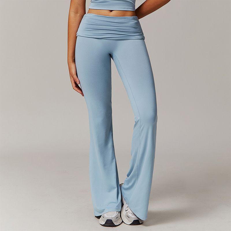 

European and American High Waist Buttock Lifting Yoga Pants Women Pleated Waist Casual Tight Bootcut Trousers Sports Fitness Outer Wear Wide Leg Pants Haze Blue XL