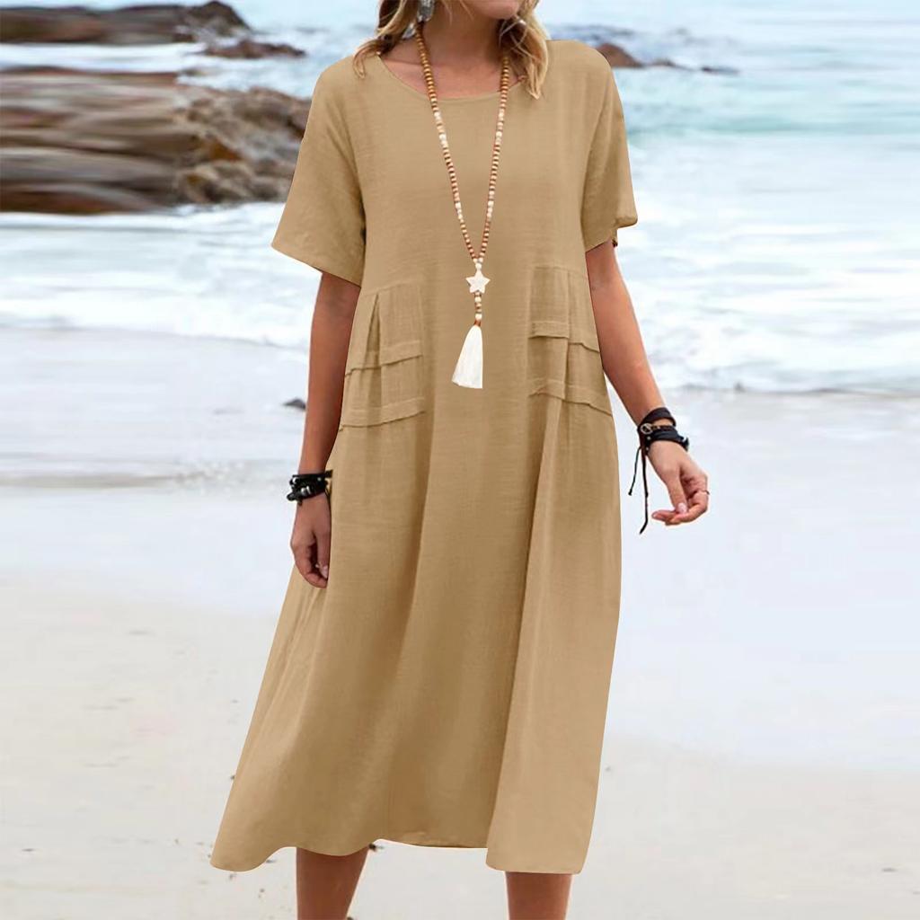Summer Women's Elegant Long Cotton Dress Round Neck Vacation Loose Short Sleeve Midi Dresses