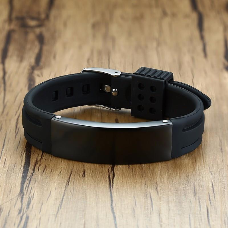 Personalized Silicone Bracelet In Black Watch Strap Band Wrist ID Elite 16mm Stainless Steel ID Tag Engravable Adjustable Bangle