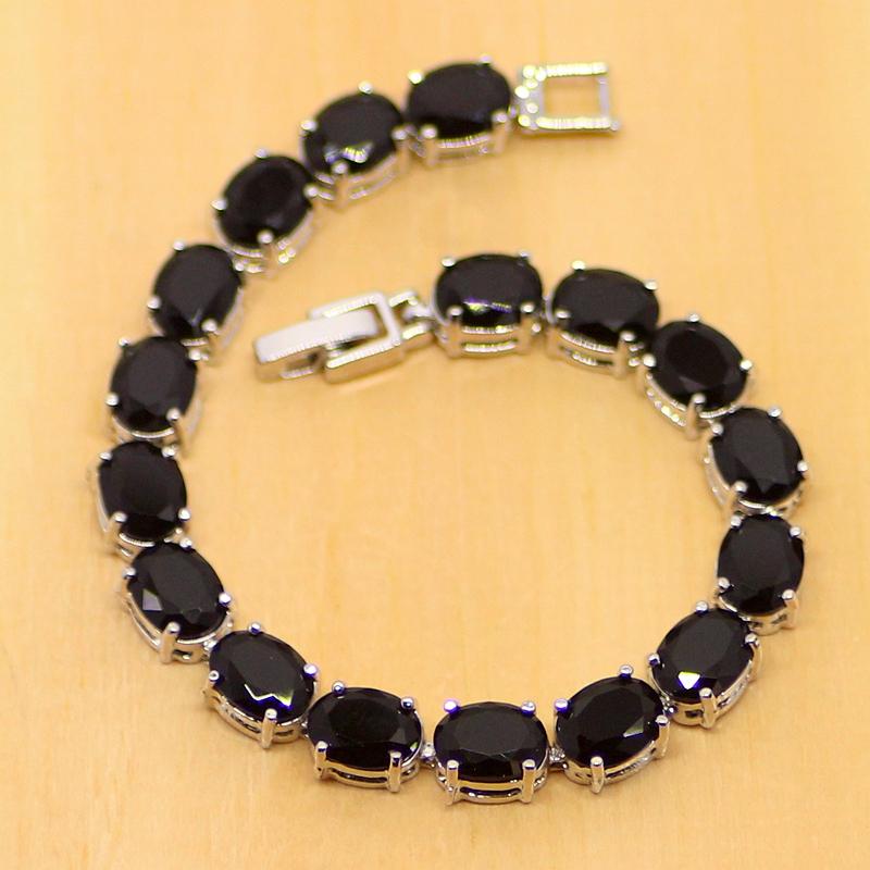 Black Zircon 925 Sterling Silver Round Link Chain Bracelet 7 Inch for Women Free Shipping & Jewelry Bag S085