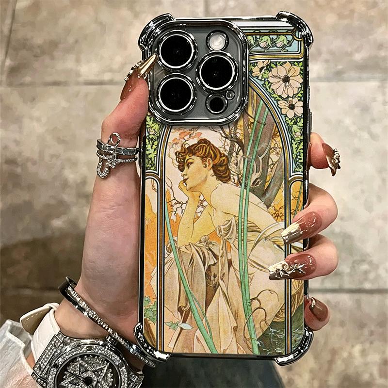Vintage Alfons Mucha Primavera Soft Phone Case For iPhone 15 16 17 Air 14 Pro Max 16E Plus 13 12 Mini Plating Anti-Fall Fundas