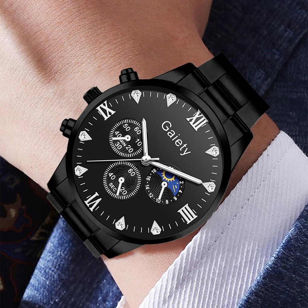 4PC Men's Watch Set Business Trend Black Round Dial Quartz Watch Bracelet Necklace Ring Set Suitable for Daily Clothing Matching