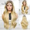 ALAN EATON Lace Front Blonde Ombre Wigs Synthetic Long Straight Wig with Dark Root for Women Daily Cosplay Party Heat Resistant Fiber