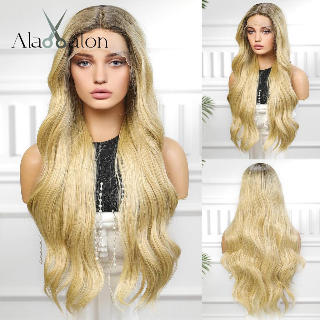 ALAN EATON Lace Front Blonde Ombre Wigs Synthetic Long Straight Wig with Dark Root for Women Daily Cosplay Party Heat Resistant Fiber