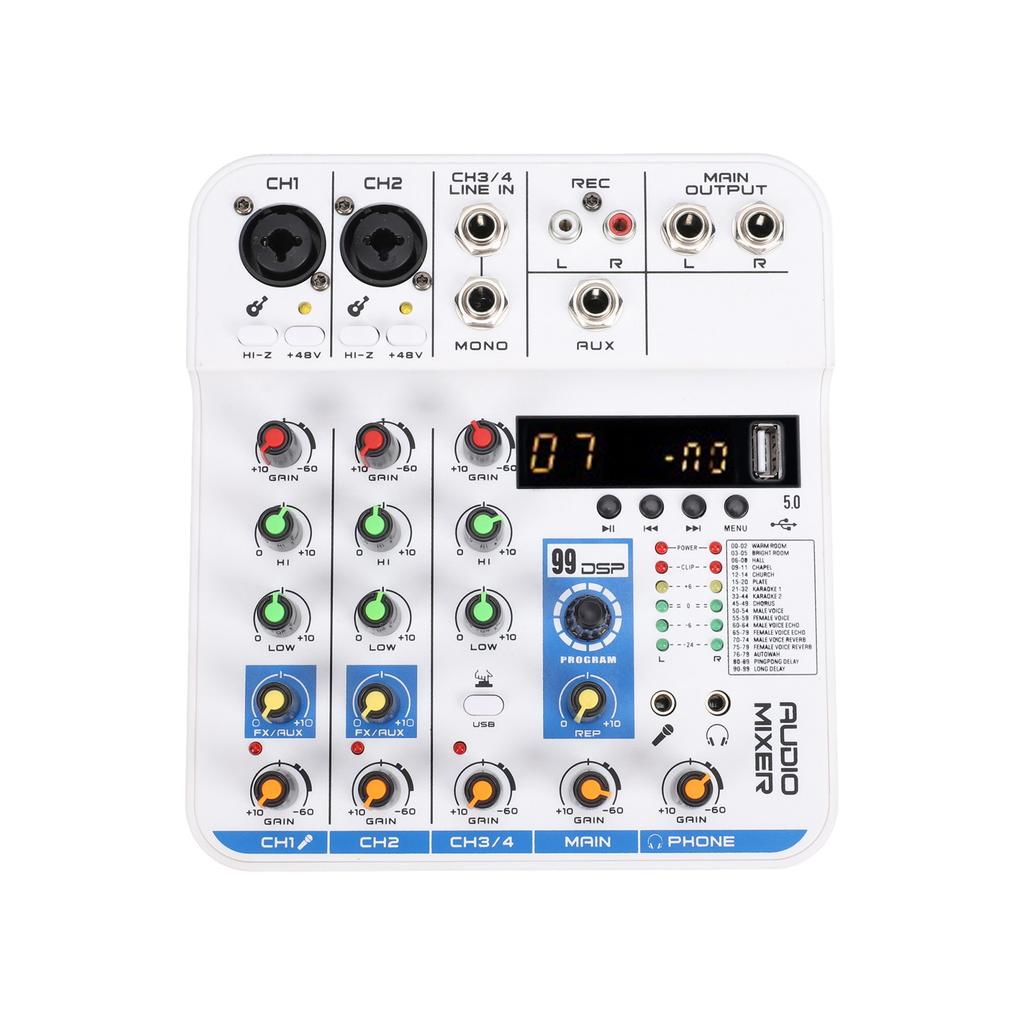 4 Channel Sound Mixer DSP Digital Reverb USB BT MP3 Module XLR 6.35mm 3.5mm Inputs 48V Phantom Power for Live Streaming