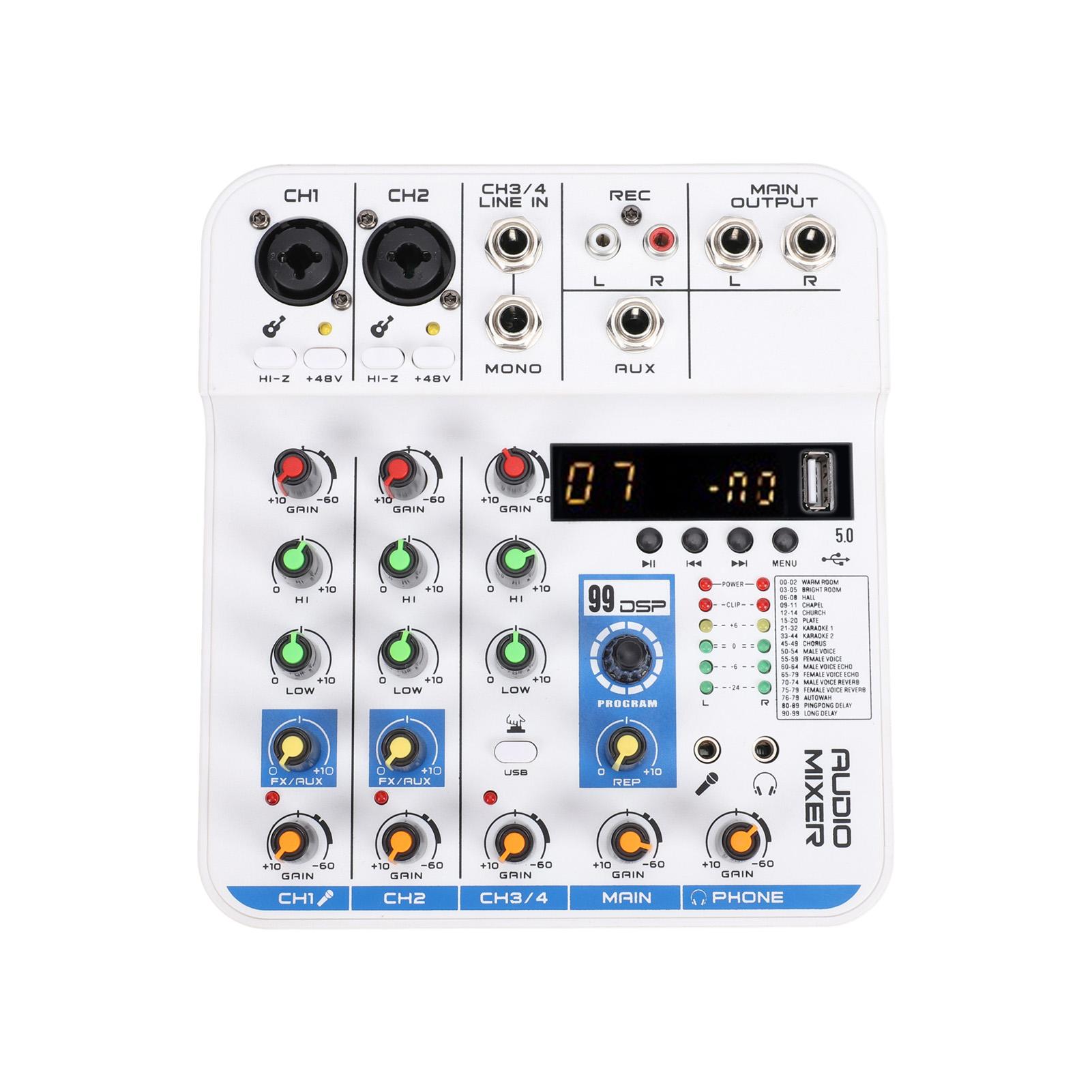 

4 Channel Sound Mixer DSP Digital Reverb USB BT MP3 Module XLR 6.35mm 3.5mm Inputs 48V Phantom Power for Live Streaming белый