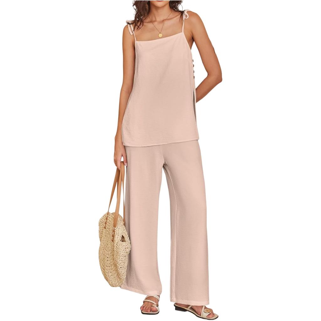 Women's Casual Summer Cotton And Linen Fashion Thin Shoulder Strap Vest Pants Set