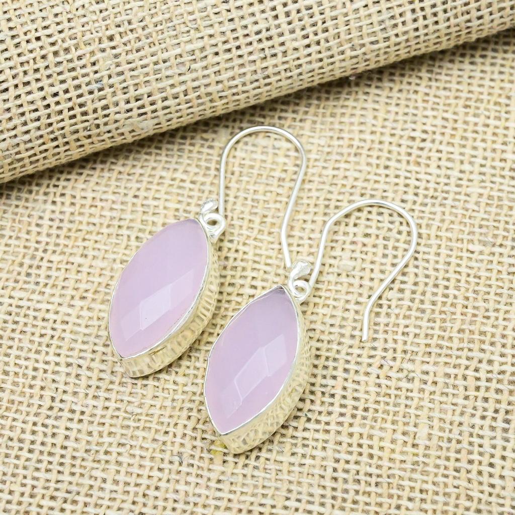 Pink Chalcedony Gemstone Handmade 925 Solid Sterling Silver Jewelry Dazzling Earrings Gift For Her