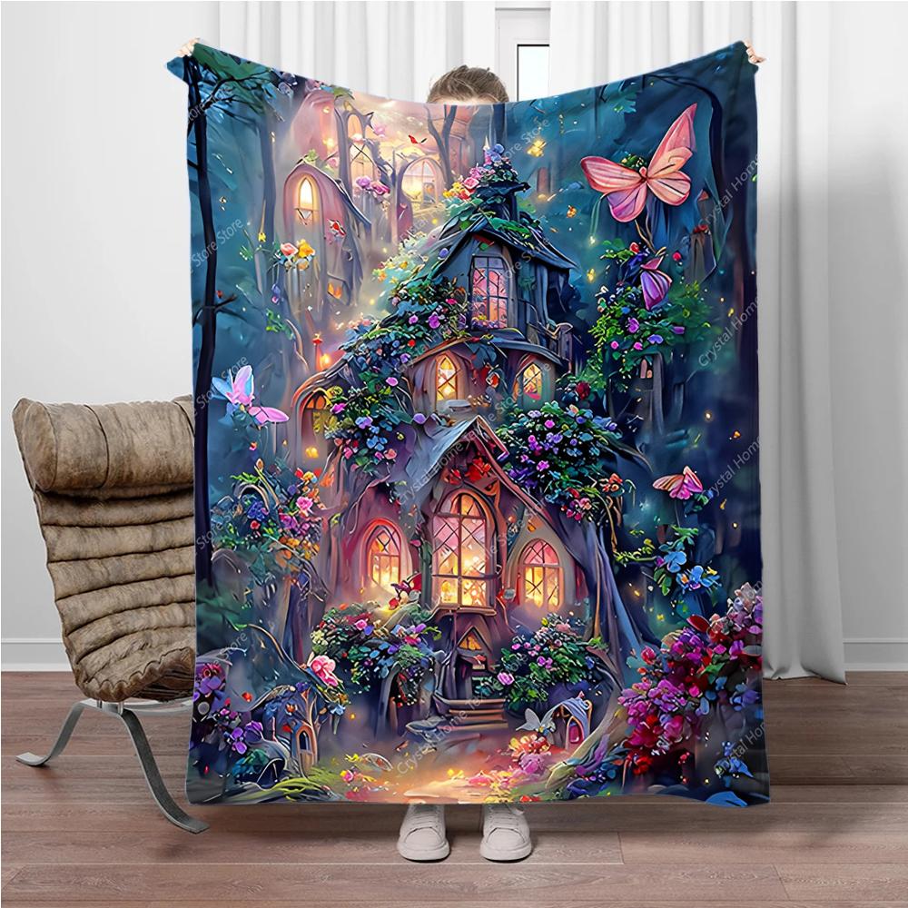 Flannel Enchanted Castle Pattern Blanket 3D Print,Soft Fleece Throw Blanket for Sofa Bed Travel Camping,Office Couch Chair Bed