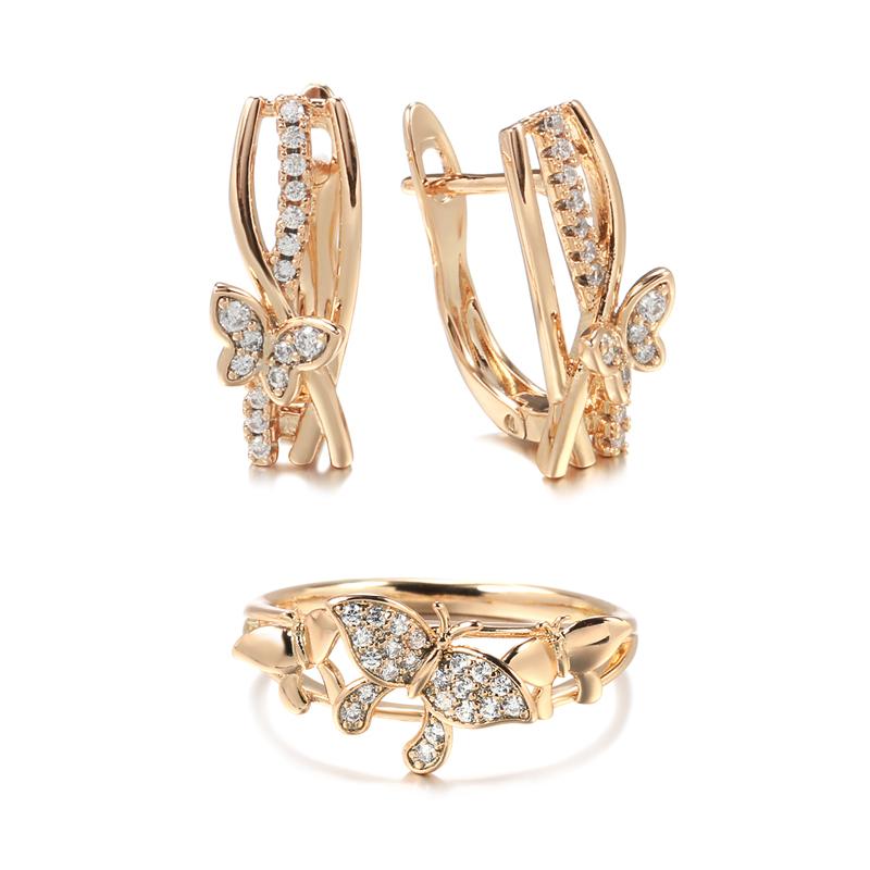 Cute Butterfly Earrings Ring Sets  Rose Gold Natural Zircon Ring For Women Unusual Creative Fashion Jewelry Sets