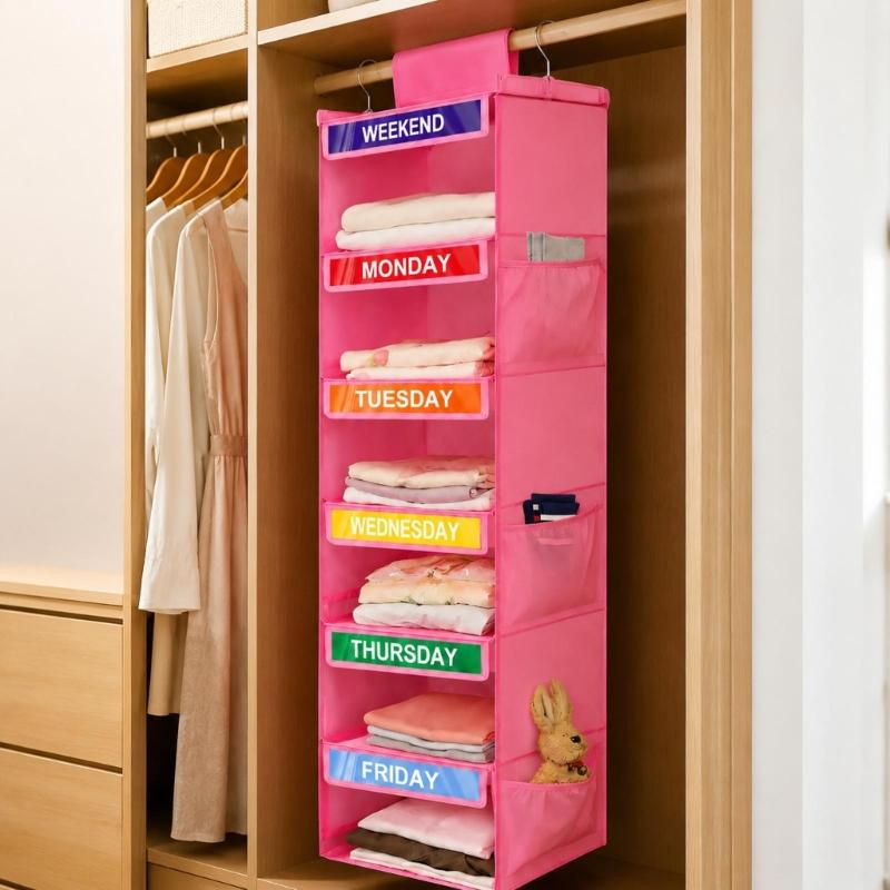 Hanging Closet Shelves for Kids Clothes, 6 Section Weekly Storage with Side Pockets and Fabric Shelf Design for Home Use