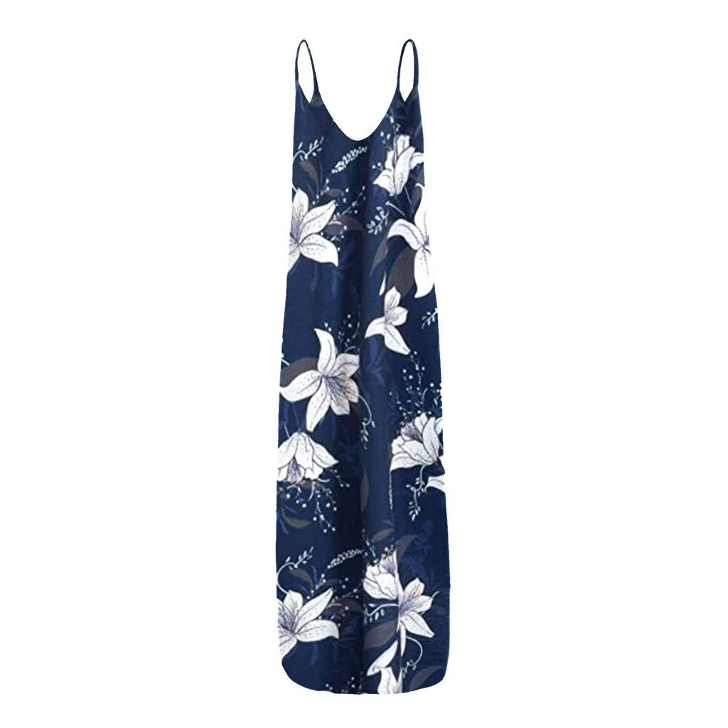 Women's Fashion Summer Casual Print V-Neck Sexy Sleeveless Dresses Long
