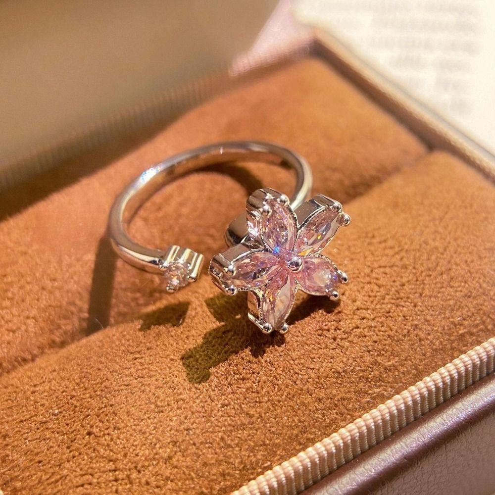Drehbares Design Drehbarer Ring Damenring Blumiger Synthetischer Ring Rosa Zirkonring Perfektes Geschenk
