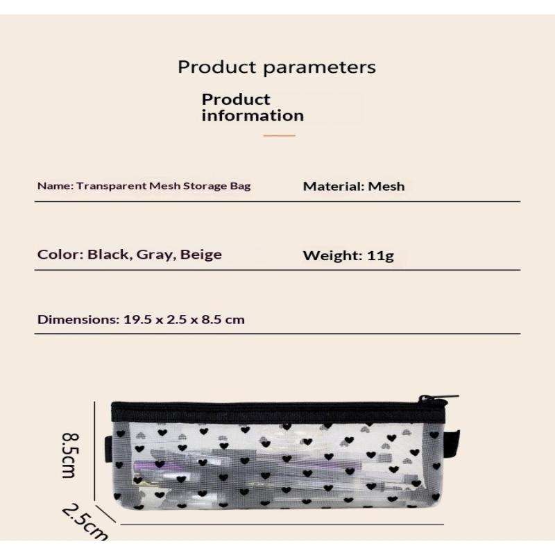 3Pcs Heart Print Mesh Makeup Brush Organizer Set Transparent Nylon Pouches For Brushes, Cosmetics & Small Items