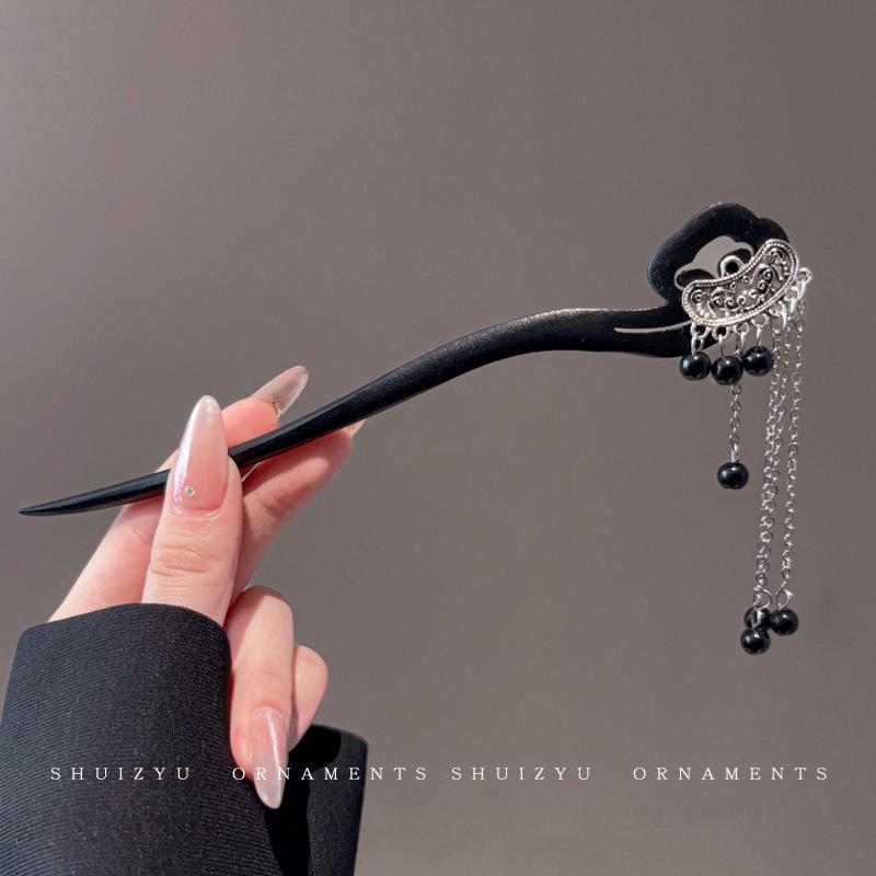 High-End Chinese Wooden Hairpin with Tassels – Ancient Style Ebony Faux for Women