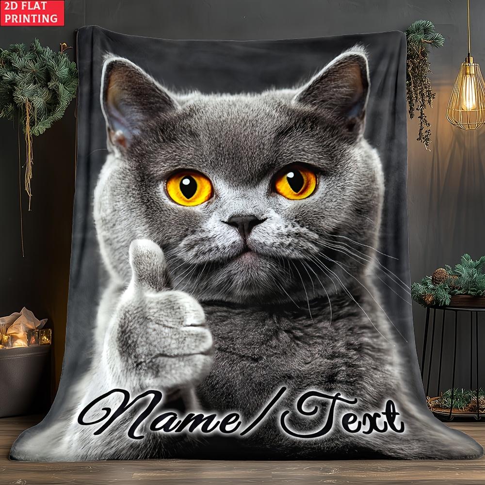 Custom Cat Blanket Funny Thumbs Up Grey Cat Fleece Throw Personalized Name Text Gift Soft Warm All Season Decor