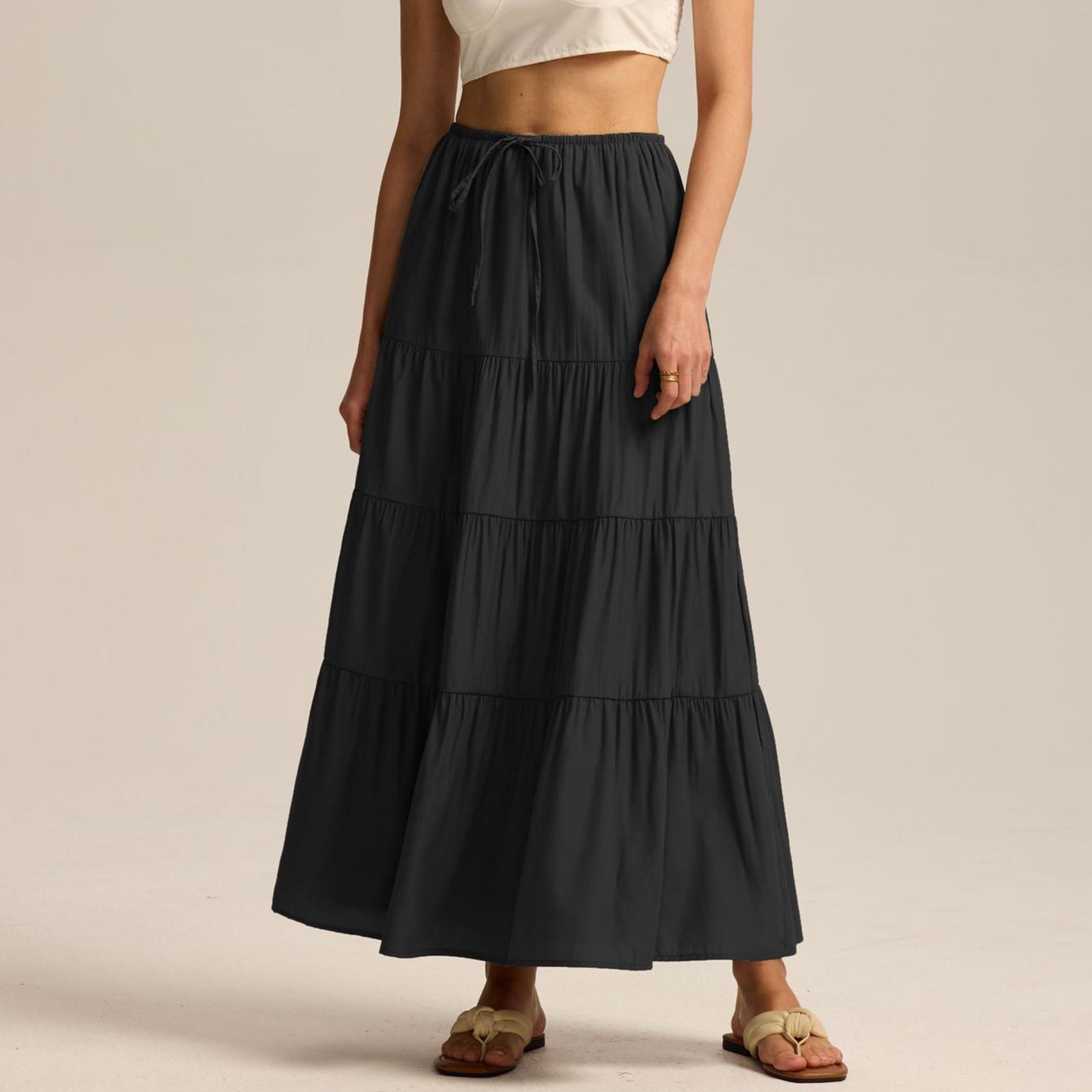 Женская Хлопковая Юбка Высокая Талия Эластичная На Шнуровке Большая Расклешенная Юбка Свободная Строчка Длинная Юбка S чёрный