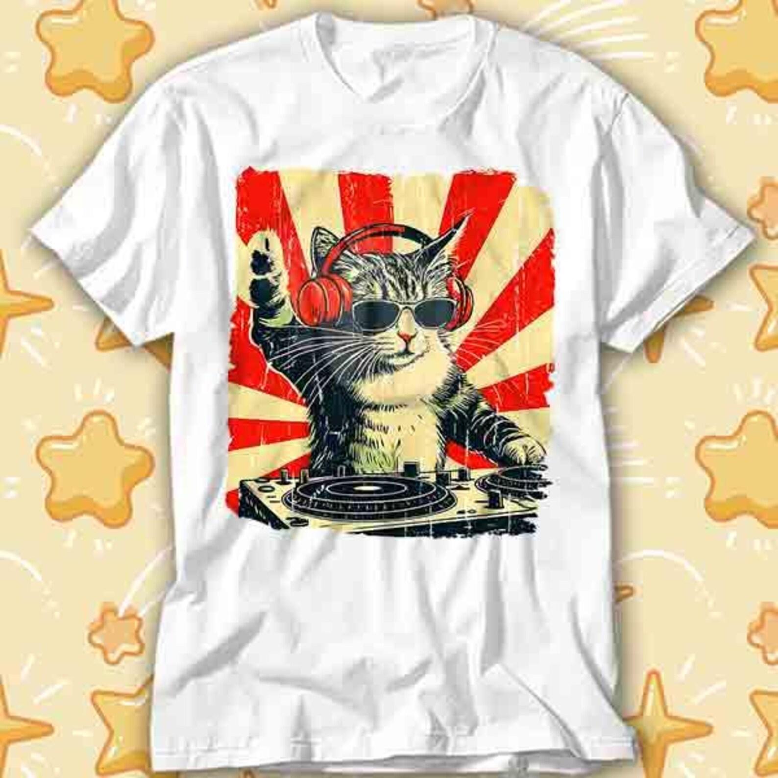 DJ Cat Black Party Cat Clubber Kitty With Headphones T-Shirt 436 S