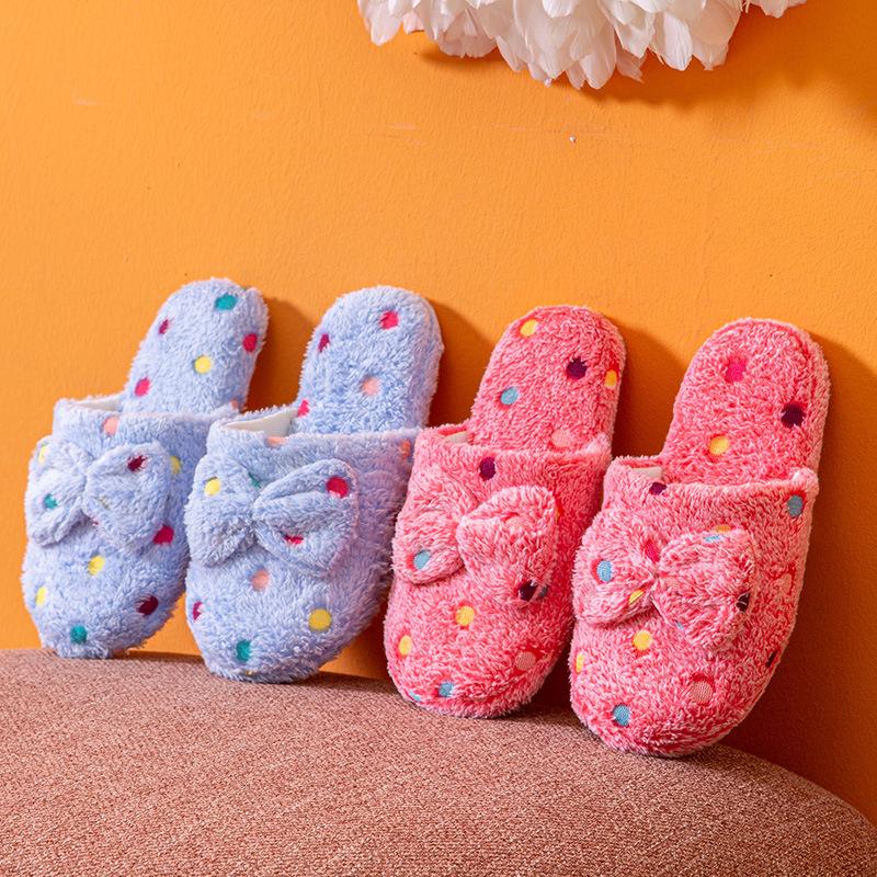 Autumn and winter polka dot bow home thermal cotton slippers Korean version indoor home wooden floor cotton slippers