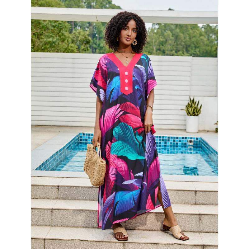 Nuovo Abito Lungo da Spiaggia Taglie Forti da Donna con Scollo a V, Camicia Protezione Solare per Bikini e Costume da Bagno con Copricostume