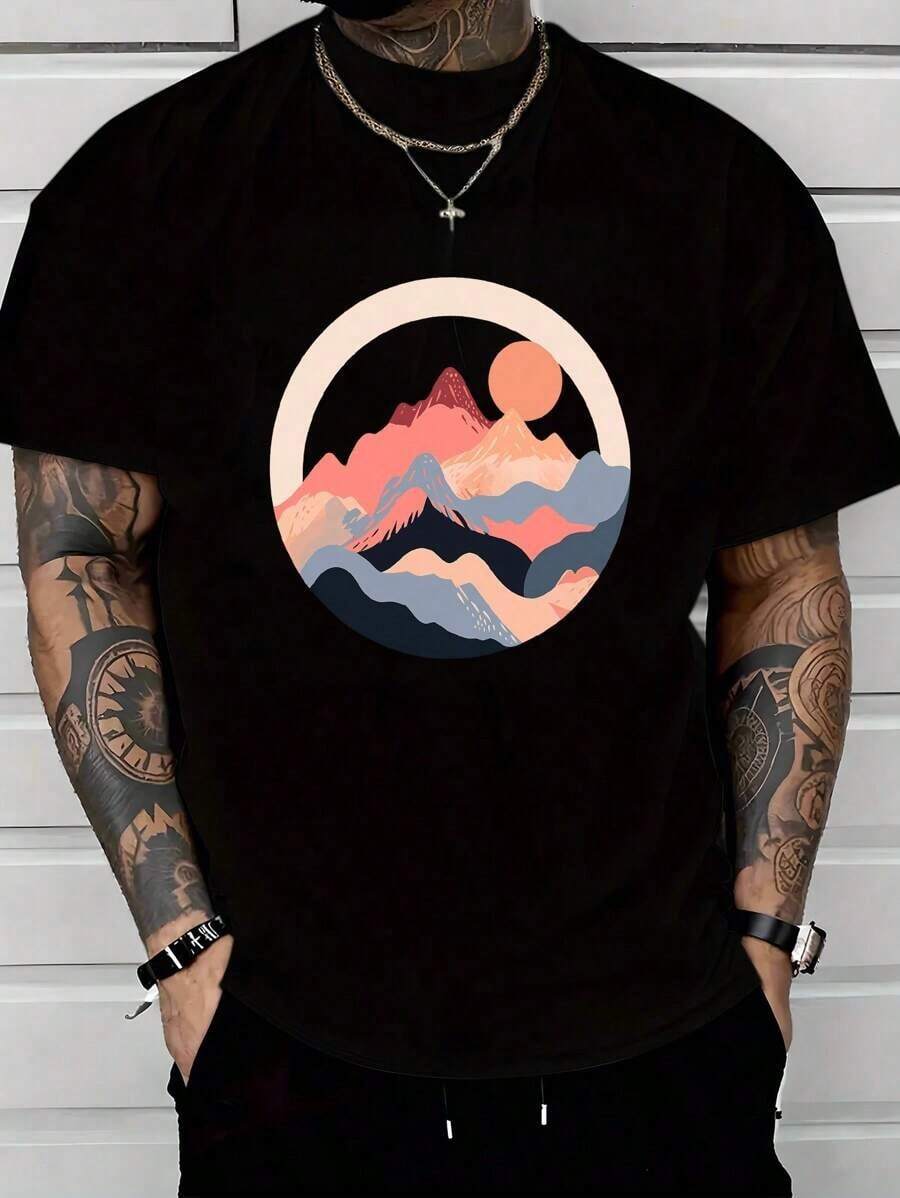 Unisex S Mountain Sunset T-Shirt, Abstract Artistic Print XXL