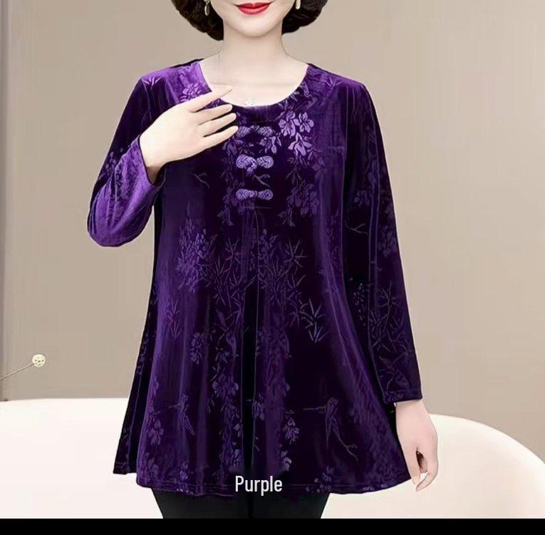 

2025 Весна и Осень Китайский стиль Золотой бархат Большой размер Свободный топ для женщин среднего и пожилого возраста 2XL (120-130 jin)