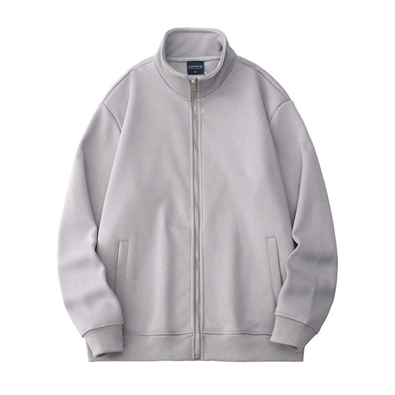 American 520G Heavy Knit cardigan Stand Collar Hoodie Men s Winter Fleece-lined Thickened Jacket Foreign Trade Men s Clothing Outerwear Light Gray L