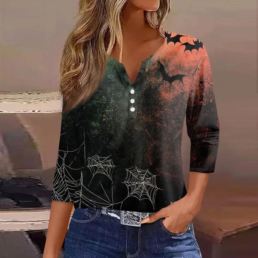 Damenmode Lässiges T-Shirt V-Ausschnitt Sieben Ärmel Bedrucktes Knopfoberteil