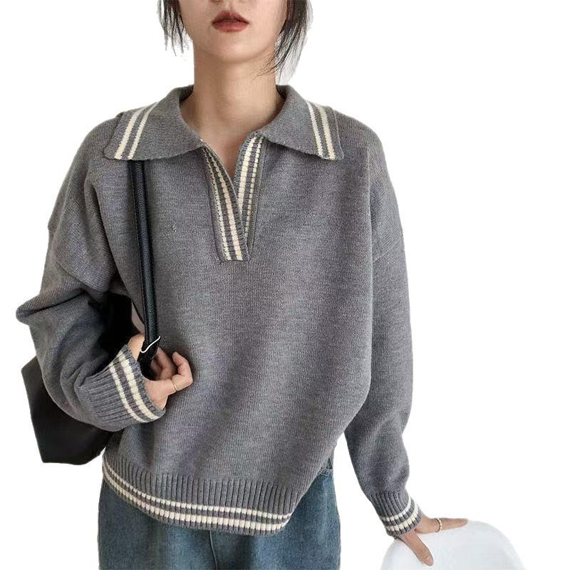 Hong Kong flavor college style polo collar contrasting color knitted sweater women's design sense niche loose and versatile