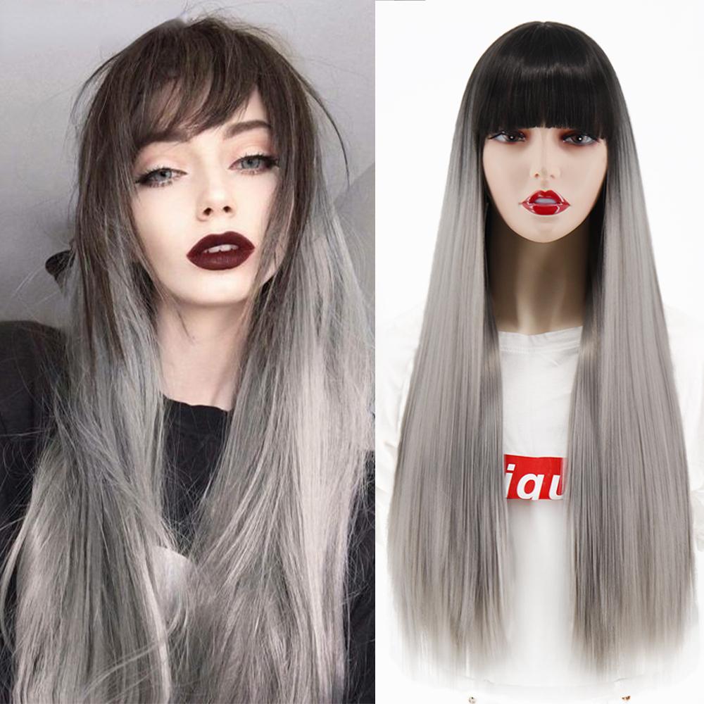 MERISIHAIR Brown Long Straight Wig with Blunt Bangs Synthetic Heat Resistant Fiber Wig for Women Daily Wear