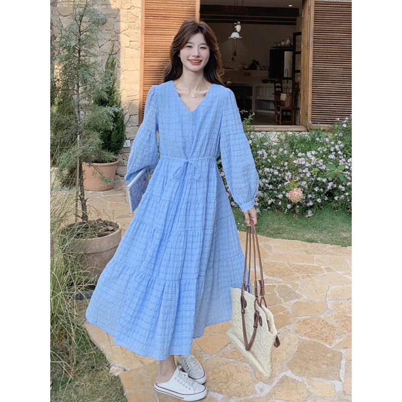 2026 Spring Blue Romantic Chic French Plaid Long Sleeve Maternity Dress
