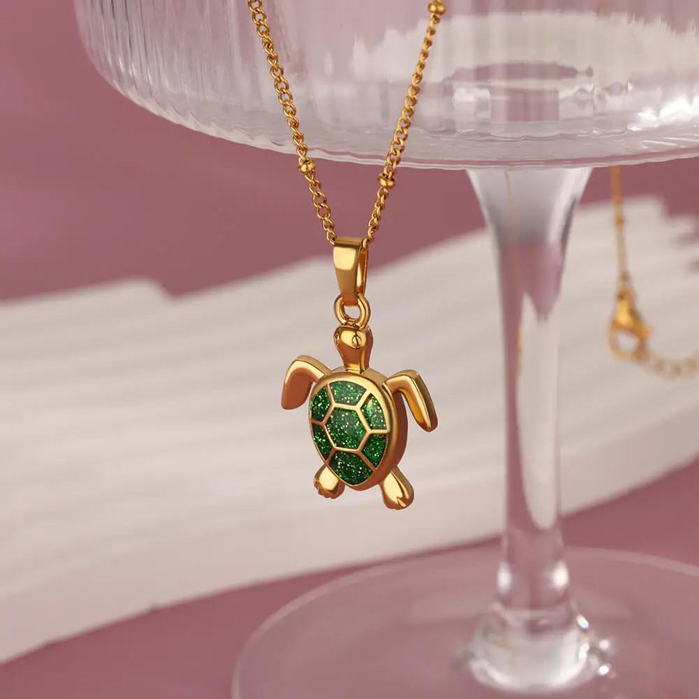 Exquisite Trend Gold Color Stainless Steel Simulation Green Sea Turtle Zircon Pendant Necklace for Women Collar Chain Jewelry