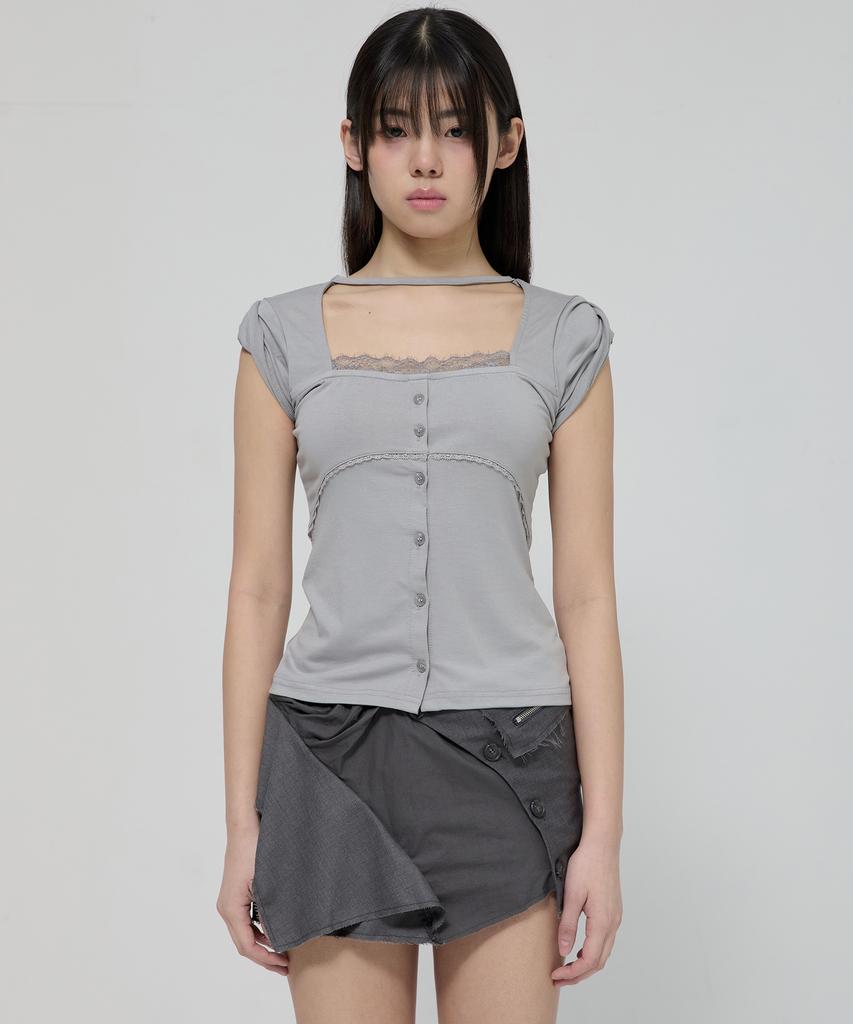 Peulleeoeob Lace Sleeve Top (Fl-112_Gray)