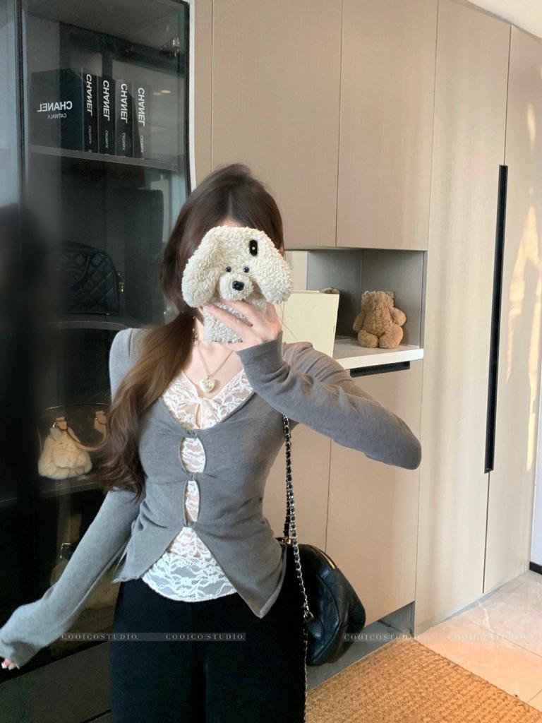 Pure Desire Style Sexy Sweet Spicy Two-Piece Look Lace Long-Sleeve T-Shirt for Women - Winter Slimming Age-Reducing Top