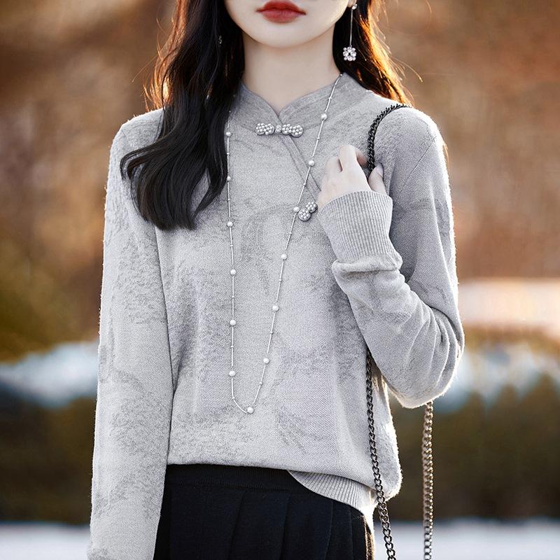 Chinese-style Knitted Sweater, Women's Button-up Floral Jacquard Stand-up Collar Spring Retro Base Layer