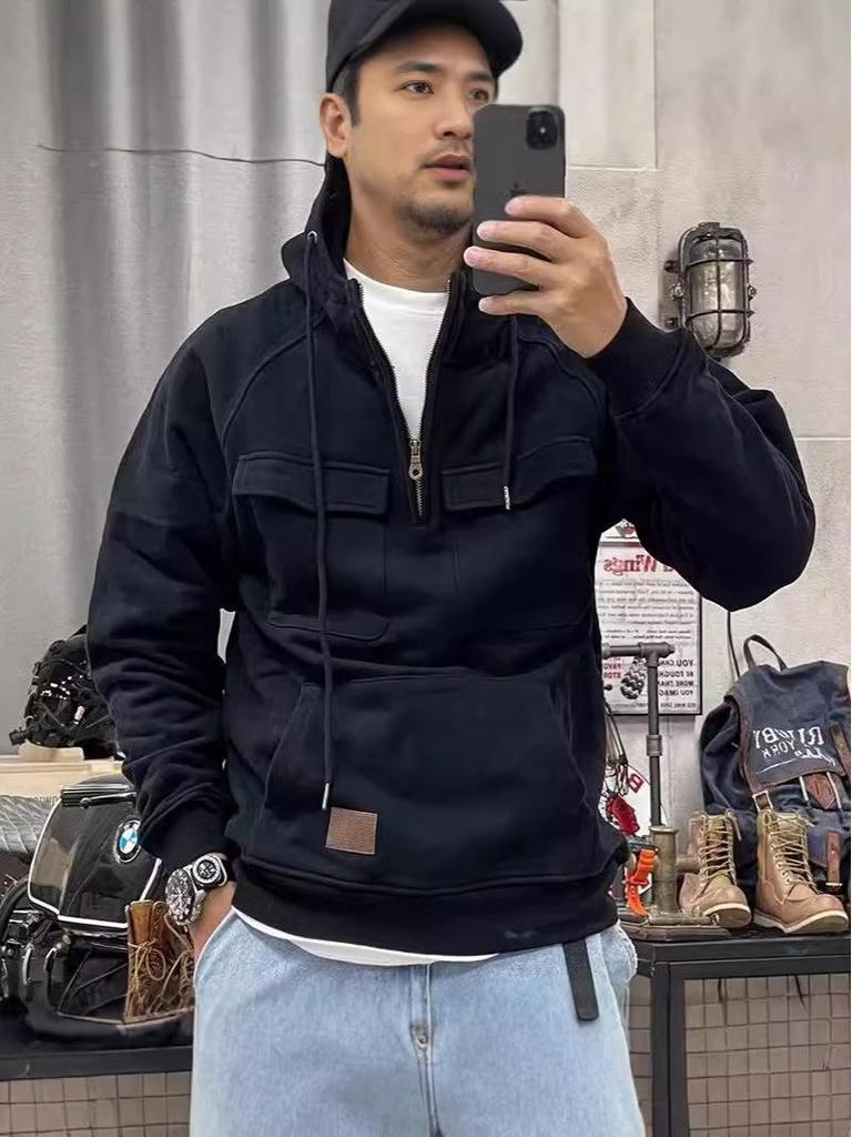 Retro Multi-Pocket Men's Hooded Sweatshirt - Youth Sports Motorcycle Style Jacket