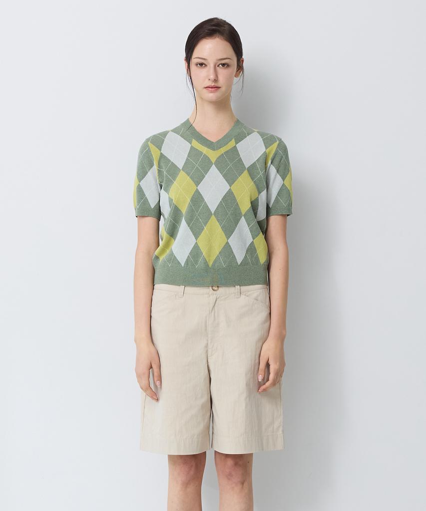 SHINE ON YOU Linen Cotton Argyle Pattern V-Neck Short Sleeve Knit - Olive Lime