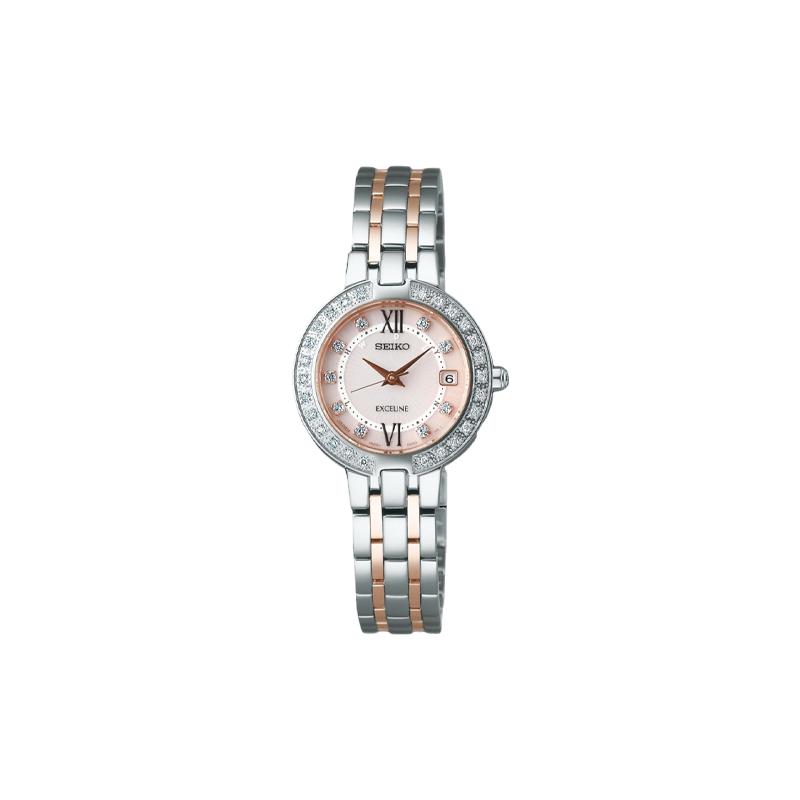 SEIKO EXCELINE series fashion calendar waterproof solar Quartz Steel Strap women s watch pink dial SWCW085 синий