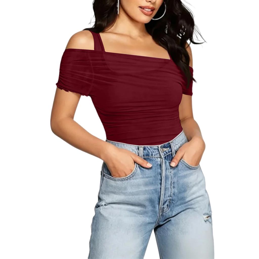 Womens Spring Tops Off Shoulder Ruched Design Summer Shirts for Women Casual Short Sleeve Tshirts Shirts for Women
